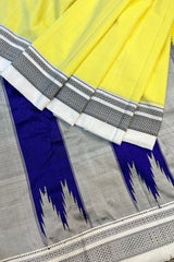 Fresh Yellow Handwoven Cotton Irkal Saree with Purple Pure Silk Pallu