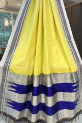 Fresh Yellow Handwoven Cotton Irkal Saree with Purple Pure Silk Pallu