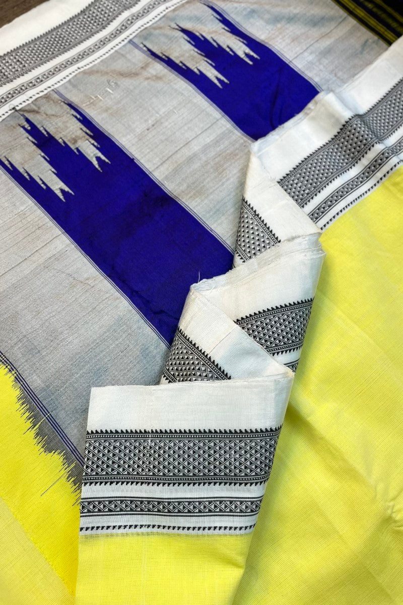 Fresh Yellow Handwoven Cotton Irkal Saree with Purple Pure Silk Pallu