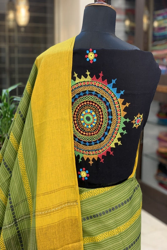 Yellow Cotton Dhaniakhali with Black Lambani Blouse Fabric