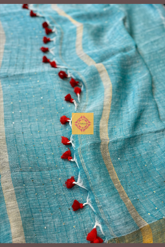 Light Firozi/ Sea Blue Linen Sequins Saree