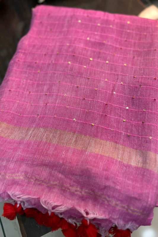 Powder Pink Linen Sequins Saree