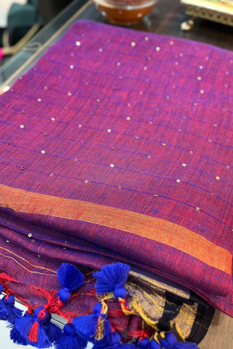 Purple with Magenta Dual Toned Linen Sequins Saree