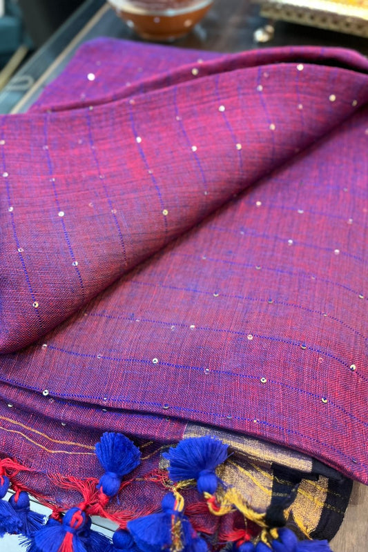 Purple with Magenta Dual Toned Linen Sequins Saree