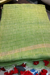 Pista Green Linen Sequins Saree