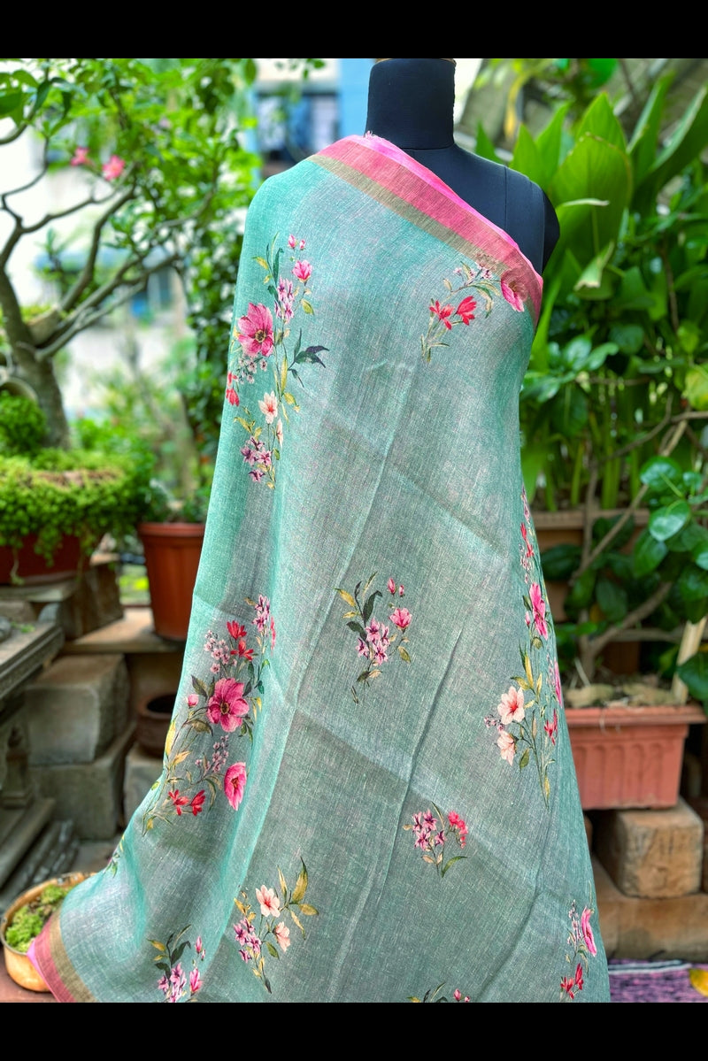 Light Teal Blue Small Florals Digital Printed Saree