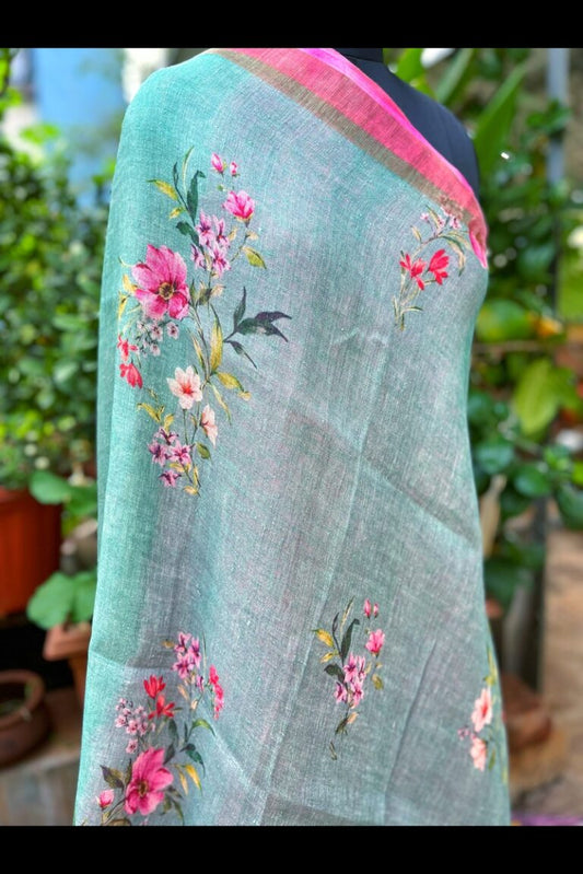 Light Teal Blue Small Florals Digital Printed Saree