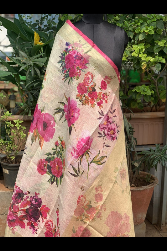 Pure Linen Pastel Peach Floral Digital Printed Saree