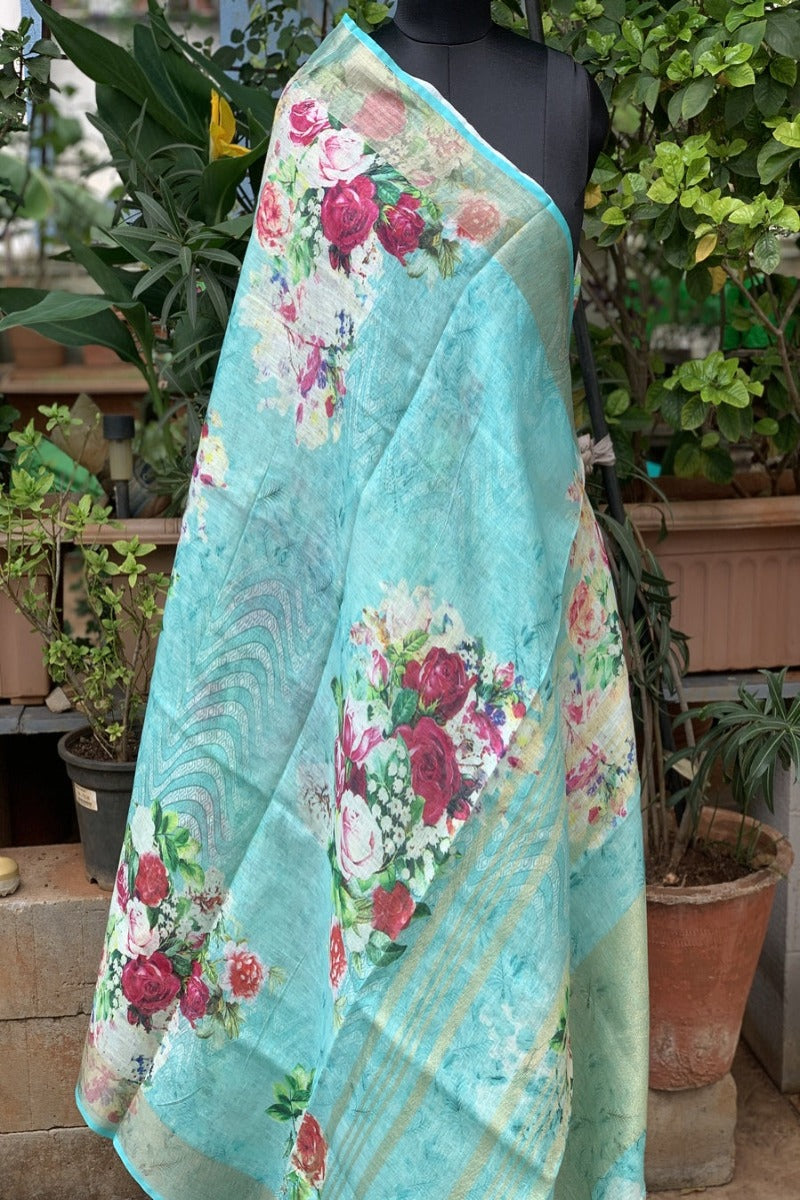 Pure Linen Aqua Blue Floral Digital Printed Saree