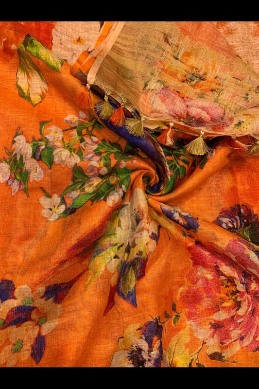 Pure Linen Orange big florals digital printed saree