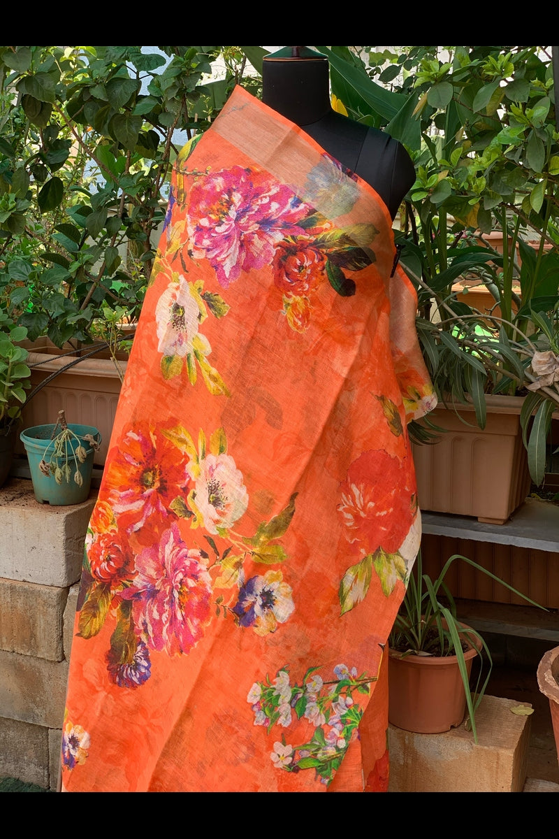 Pure Linen Orange big florals digital printed saree