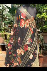 Pure Linen Black Digital Floral Printed Saree