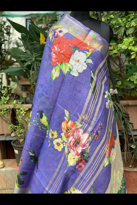 Pure Linen Violet Big Florals Digital Printed saree