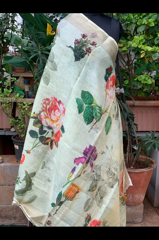 Pure Linen Light Green Floral Digital Printed Saree