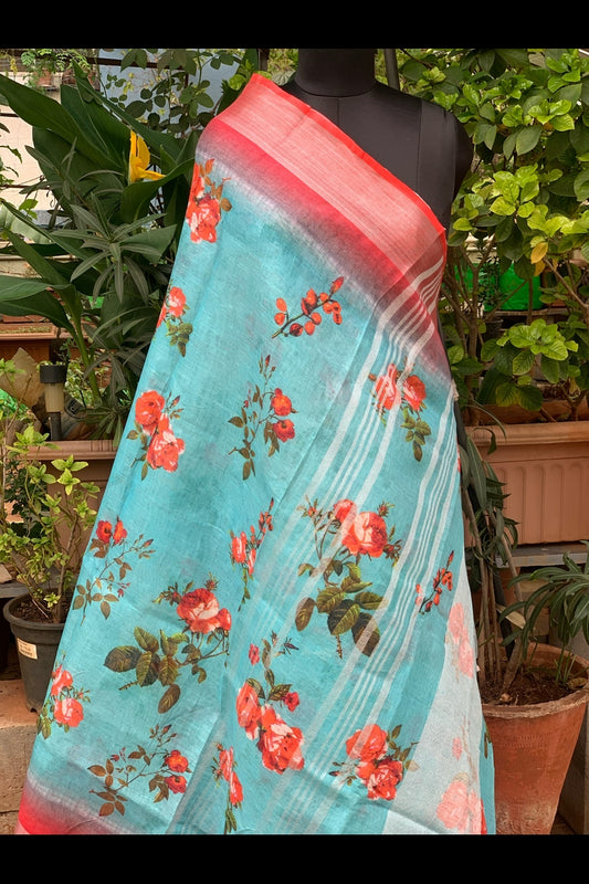 Sea Blue with Orange Roses Digital Printed Saree