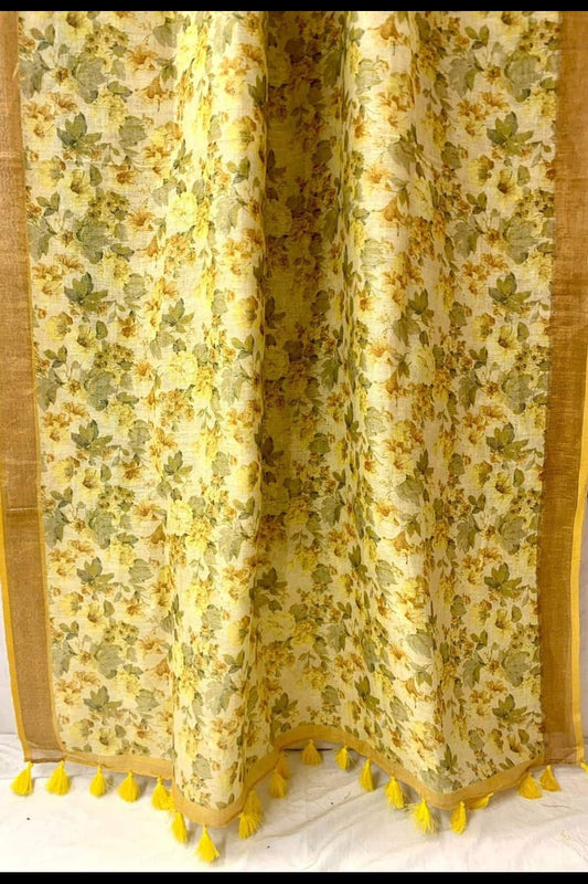 Pure Linen Light Yellow & Green Small Floral Digital Printed Saree