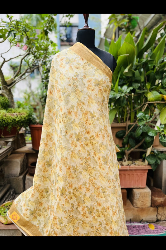 Pure Linen Light Yellow & Green Small Floral Digital Printed Saree