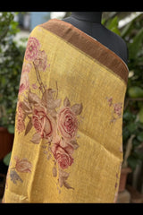 Pure Linen Light Yellow Small Florals Digital Printed Saree