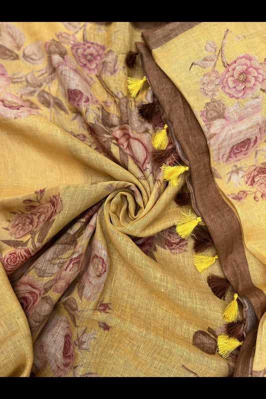 Pure Linen Light Yellow Small Florals Digital Printed Saree