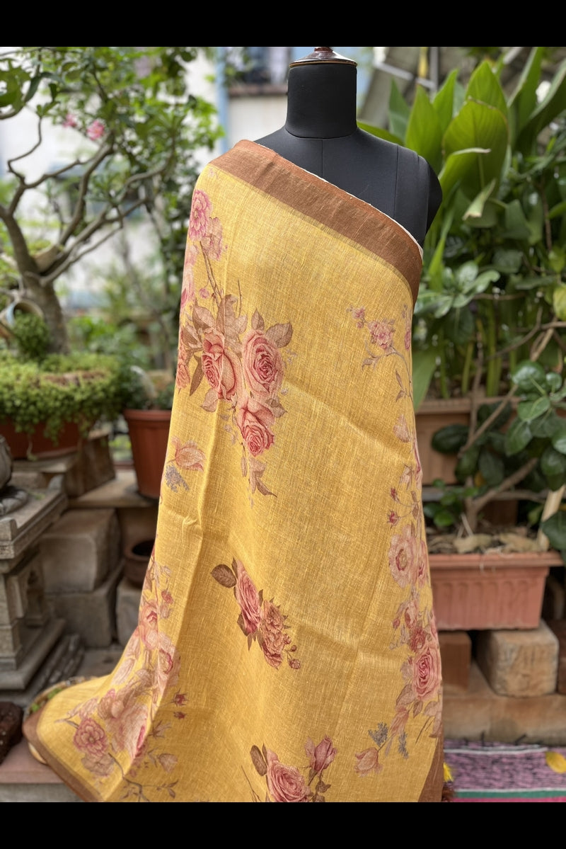 Pure Linen Light Yellow Small Florals Digital Printed Saree