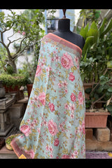 Pure Linen Aqua Green Small Florals Digital Printed Saree