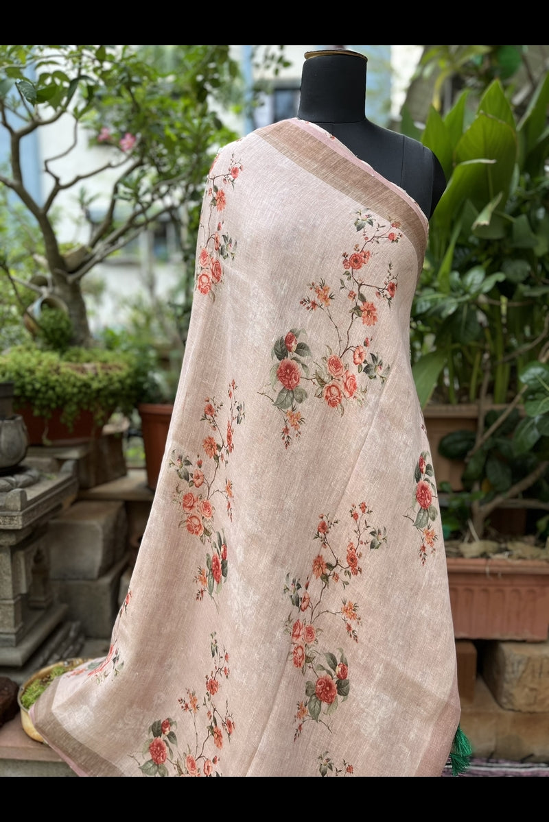 Pure Linen Pastel Rose Pink Small Florals Digital Printed Saree