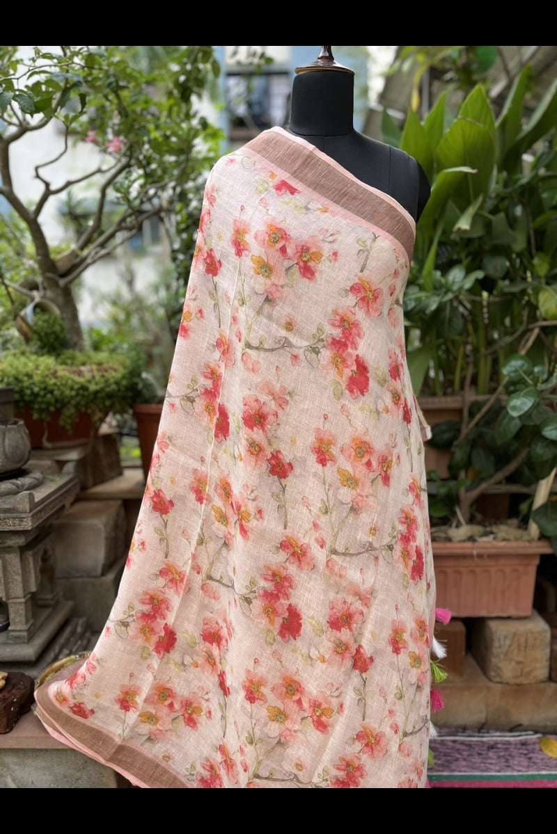 Pure Linen Beige with Peach Small Florals Digital Printed Saree