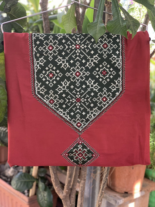 Maroon Kurta with Bottle Green Mashroo Silk Patchwork for Yoke