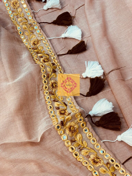 Rose Gold Mulmul Saree with golden lace and contrast tassels