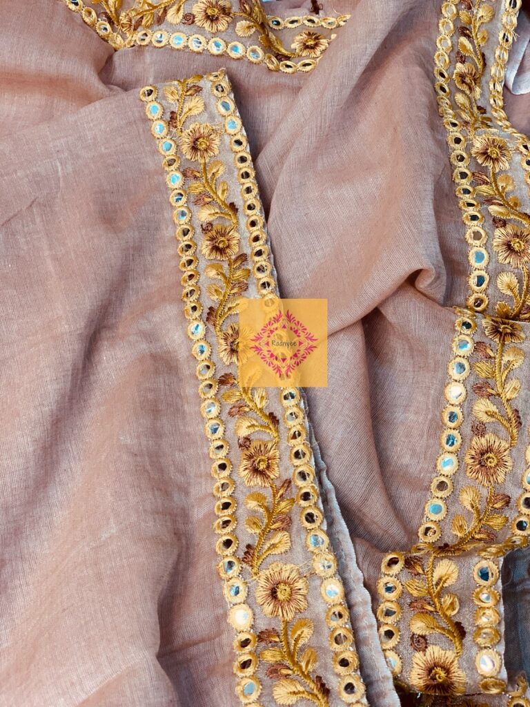 Rose Gold Mulmul Saree with golden lace and contrast tassels