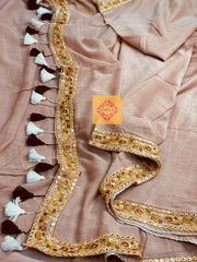 Rose Gold Mulmul Saree with golden lace and contrast tassels