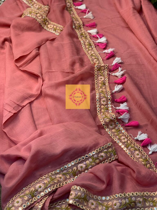 Rose Pink Mulmul Saree with golden lace and contrast tassels