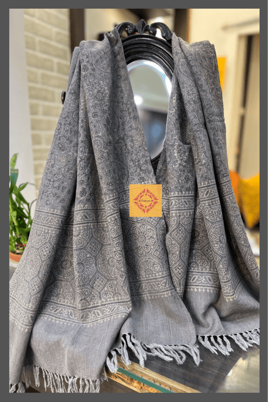 Charcoal Grey Hand Block Printed Ajrakh Stole