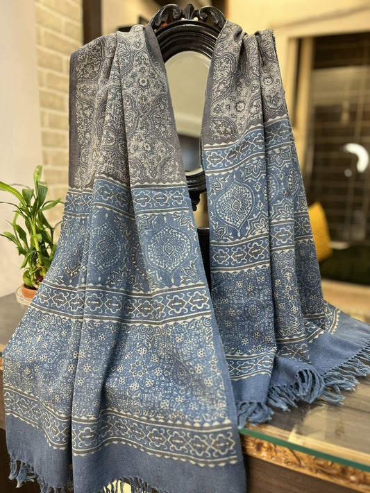 Slate Grey with Indigo Handblock Printed Ajrakh Stole