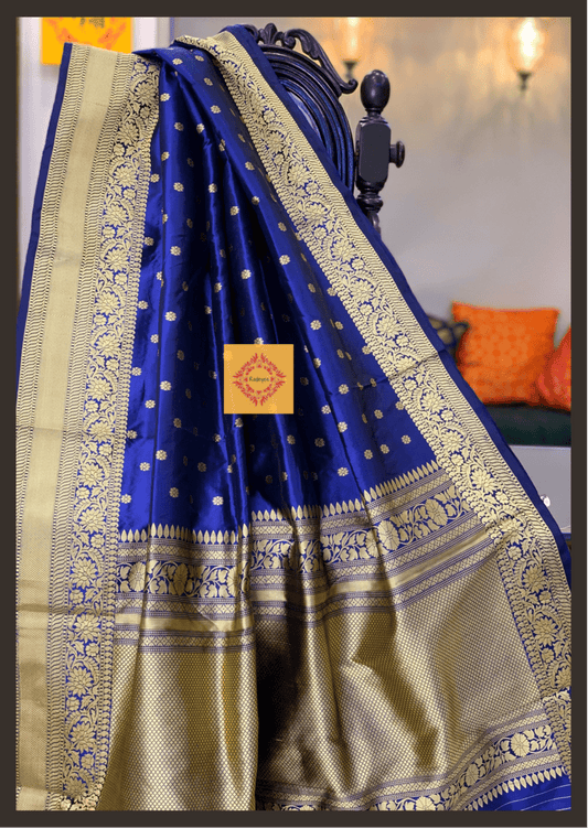 A Royal Blue Single Toned Pure Silk Banarasi Saree with Golden Zari