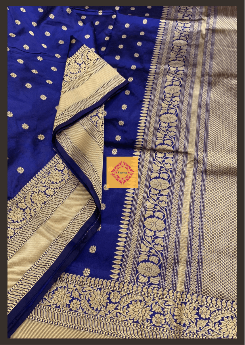 A Royal Blue Single Toned Pure Silk Banarasi Saree with Golden Zari