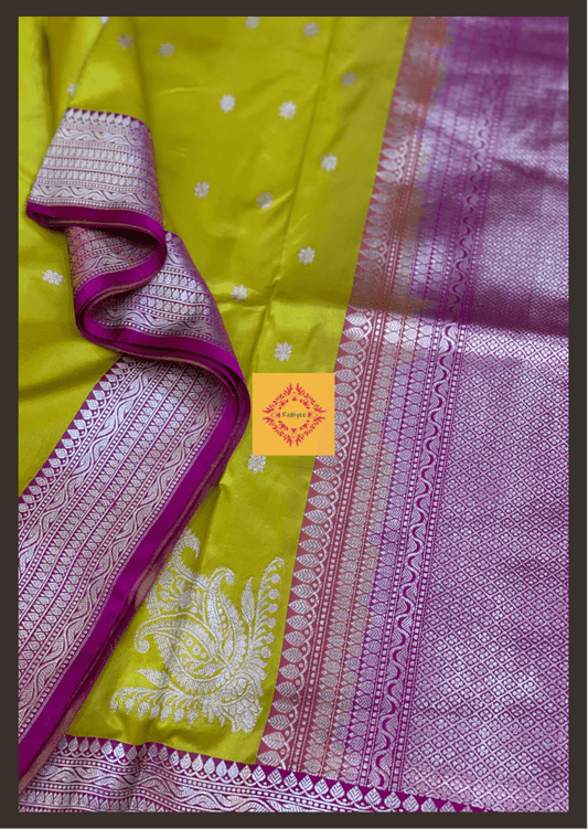 A Mustard-Green Dual Toned Pure Katan Silk Banarasi Saree with Magenta Pallu & Golden Zari