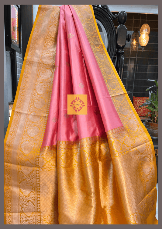 Peach Pink with Mustard Dual toned Pure Katan Silk with Mustard border