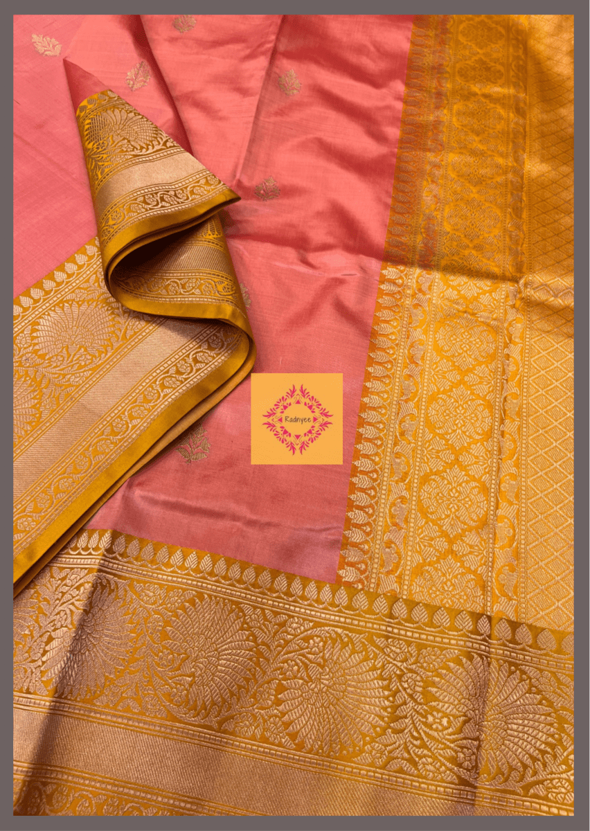 Peach Pink with Mustard Dual toned Pure Katan Silk with Mustard border