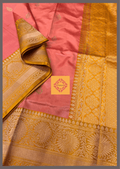 Peach Pink with Mustard Dual toned Pure Katan Silk with Mustard border