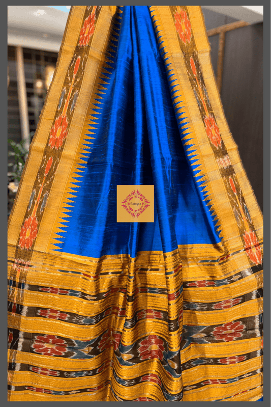 A German Blue Pure Raw Silk with Ikkat Border