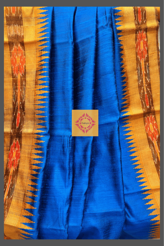 A German Blue Pure Raw Silk with Ikkat Border