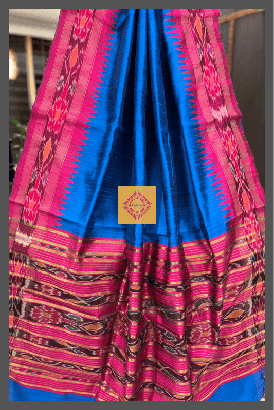 German blue Raw Silk With Magenta Ikkat Border