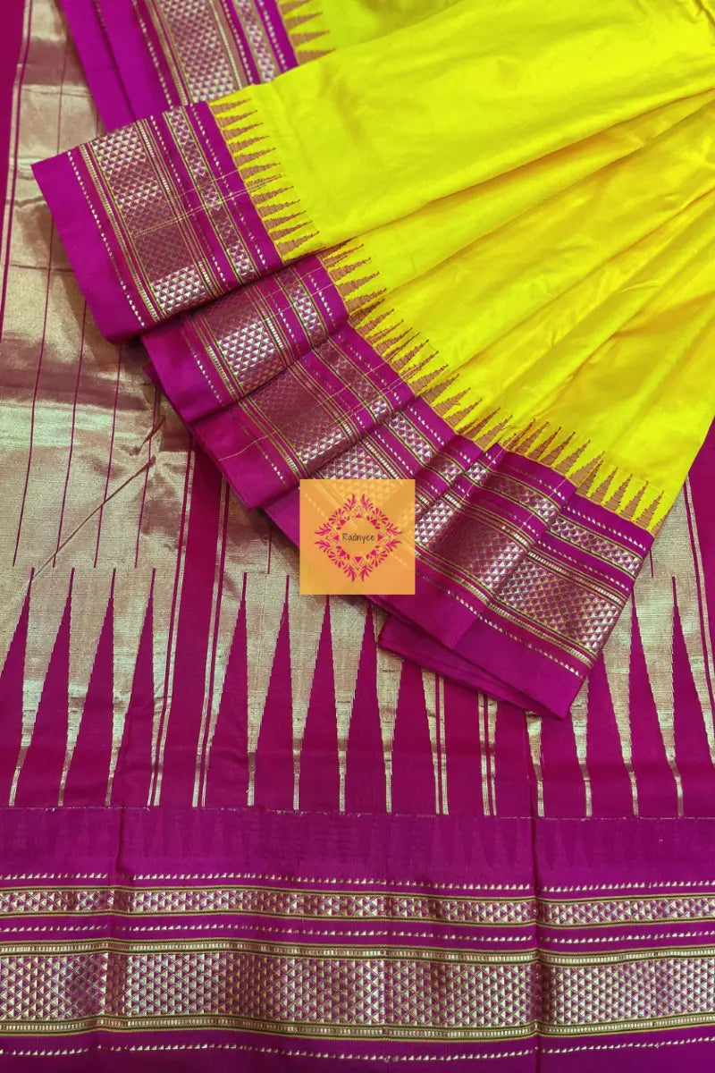 Yellow coloured Pure Silk Powerloom Irkal with Pink Pallu and Border