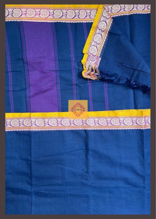 Deep Blue Kanchi Cotton with traditional Chettinad border