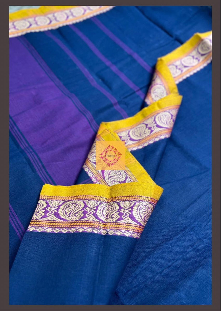 Deep Blue Kanchi Cotton with traditional Chettinad border