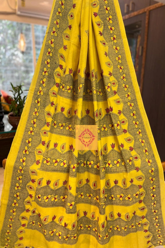 Yellow Hand Embroidered Khadi Cotton Kantha Saree