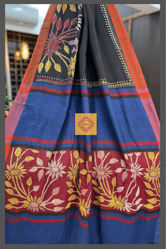 Black Khadi Cotton Hand Embroidered Kantha