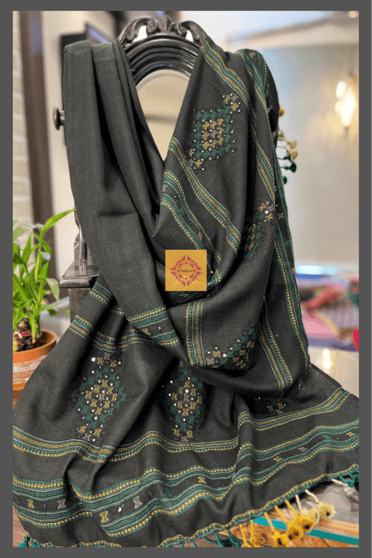 Black Bhujodi Hand Mirror work Stole