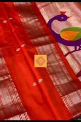 Red Pure Silk Handloom Paithani with peacock motifs